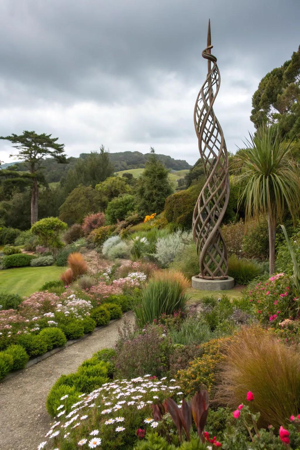 A garden sculpture adds an artistic touch.