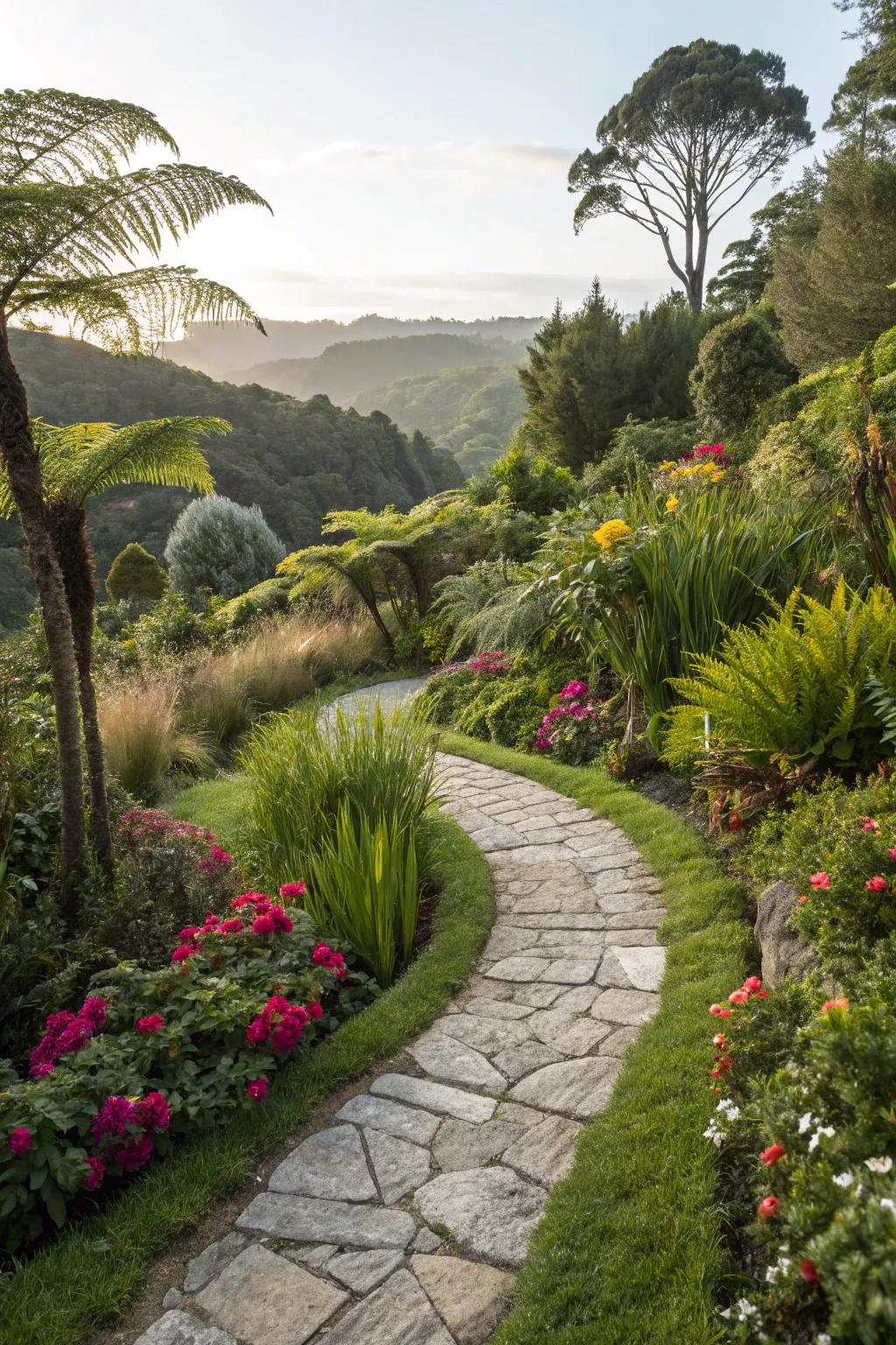 A charming stone pathway winds through the garden.