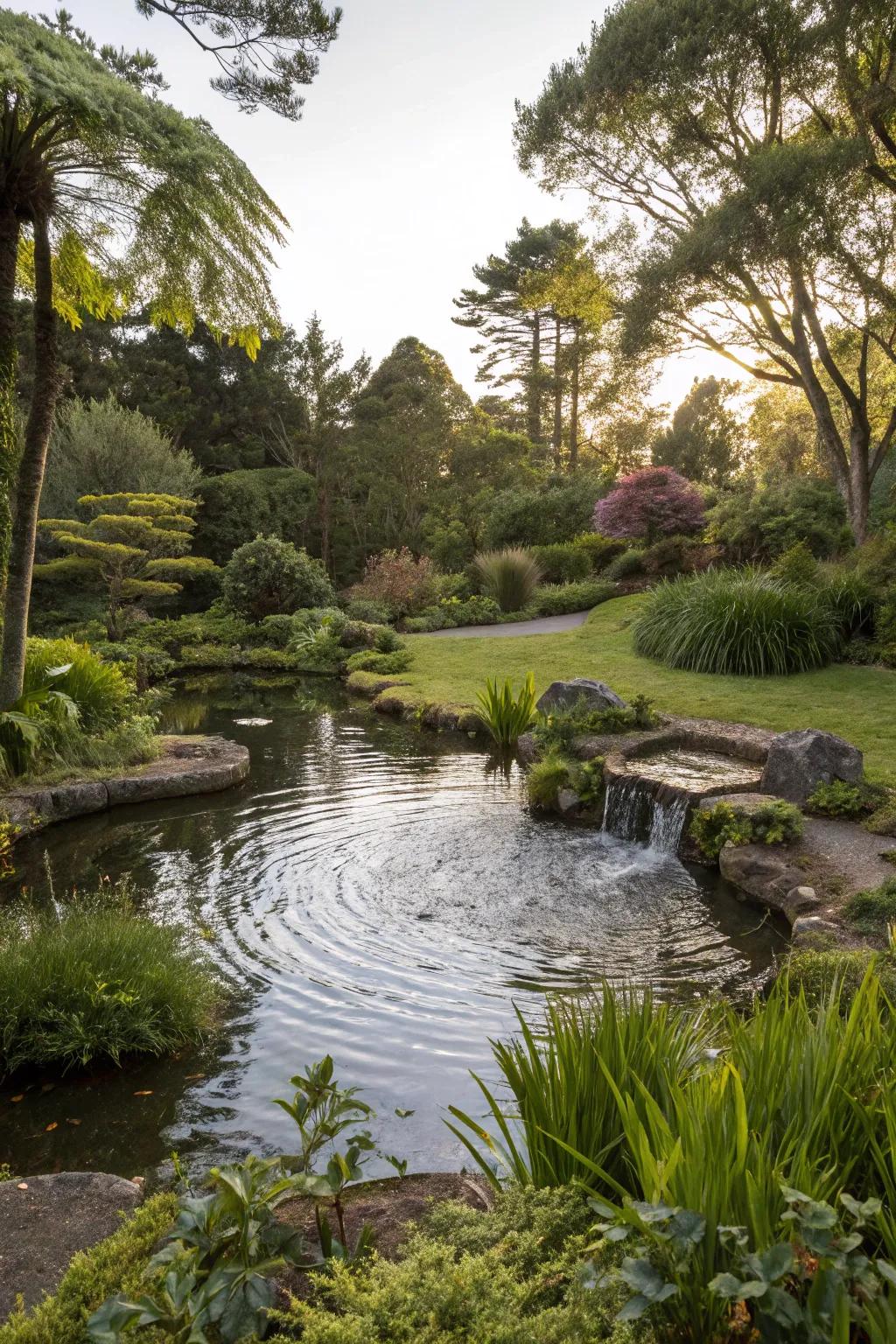 A serene water feature brings tranquility to the garden.