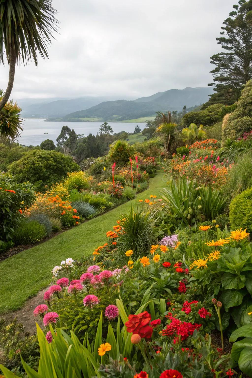 A vibrant display of plant diversity in a New Zealand garden.