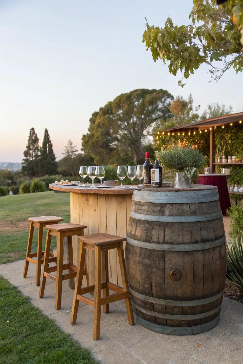 Wine barrels make for unique and stylish outdoor bars.