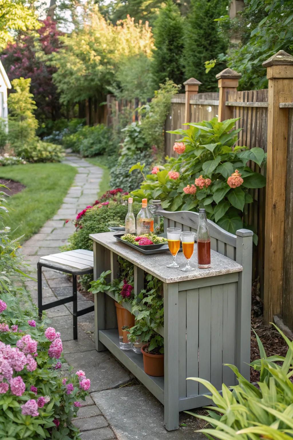 A convertible bench bar maximizes space and functionality.