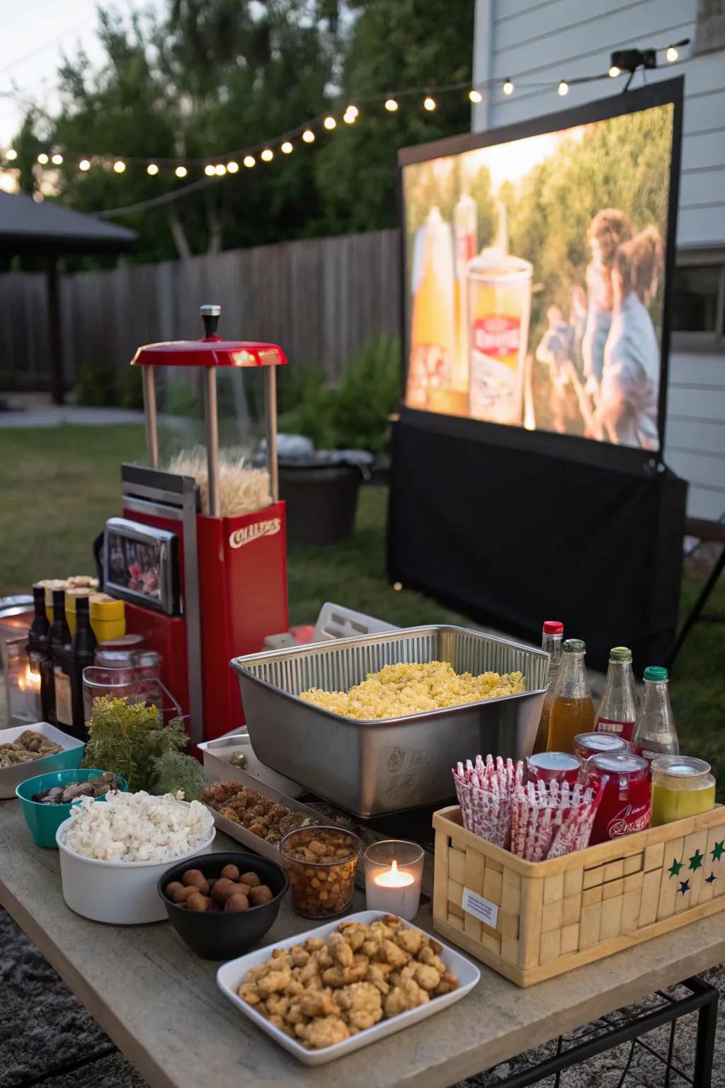 A snack station completes the authentic movie night experience.