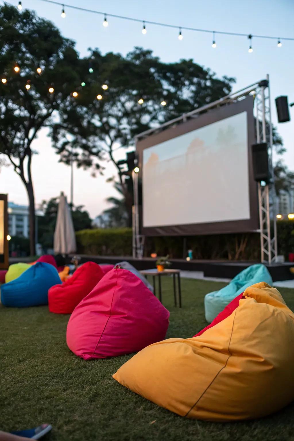 Bean bags offer plush comfort for a laid-back movie night.