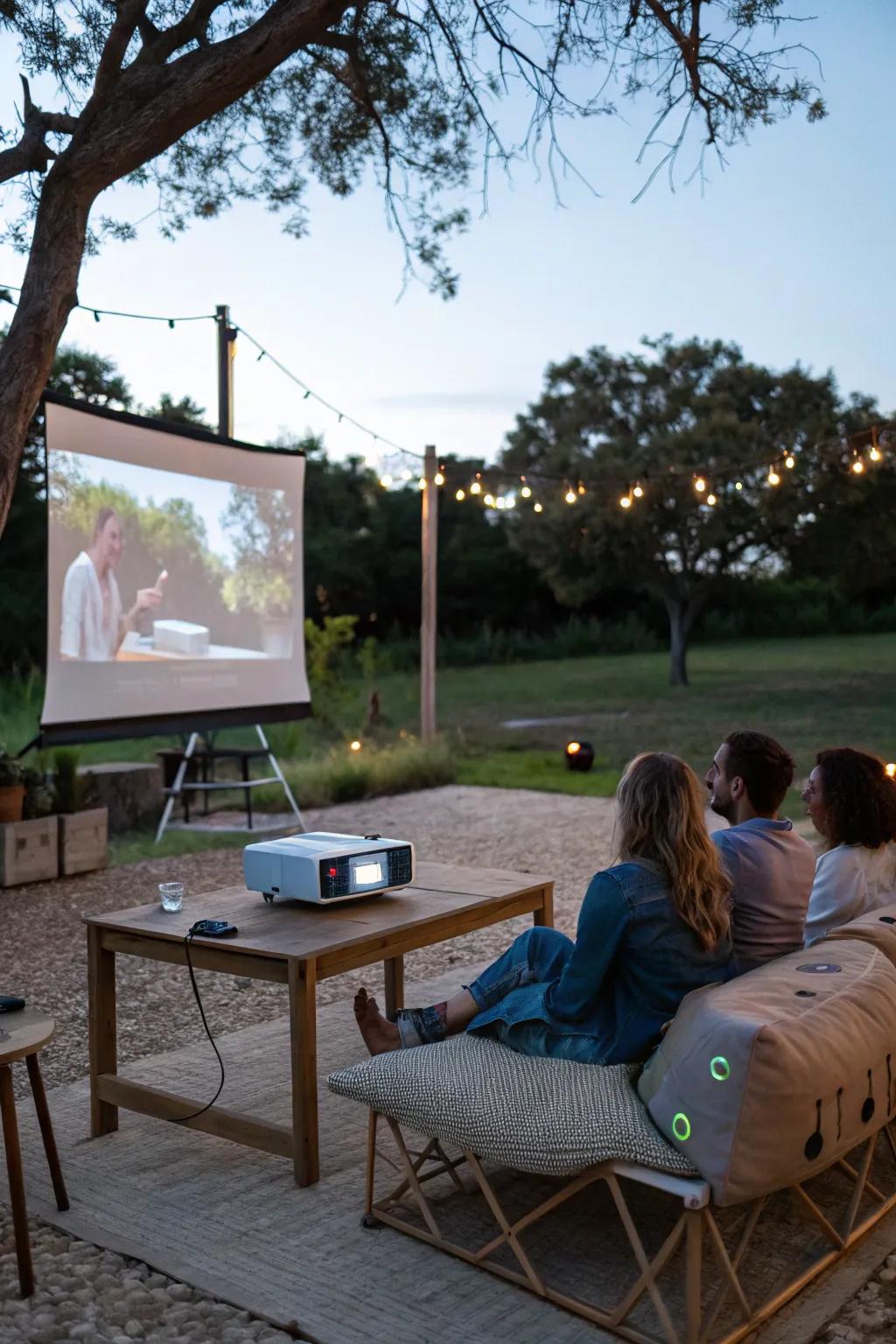 A portable projector offers versatility for outdoor film nights.
