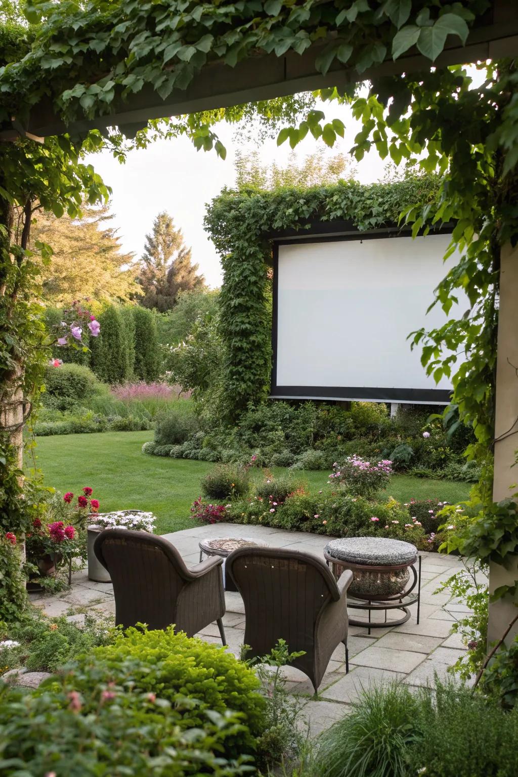 Greenery adds an organic touch to your backyard theater.