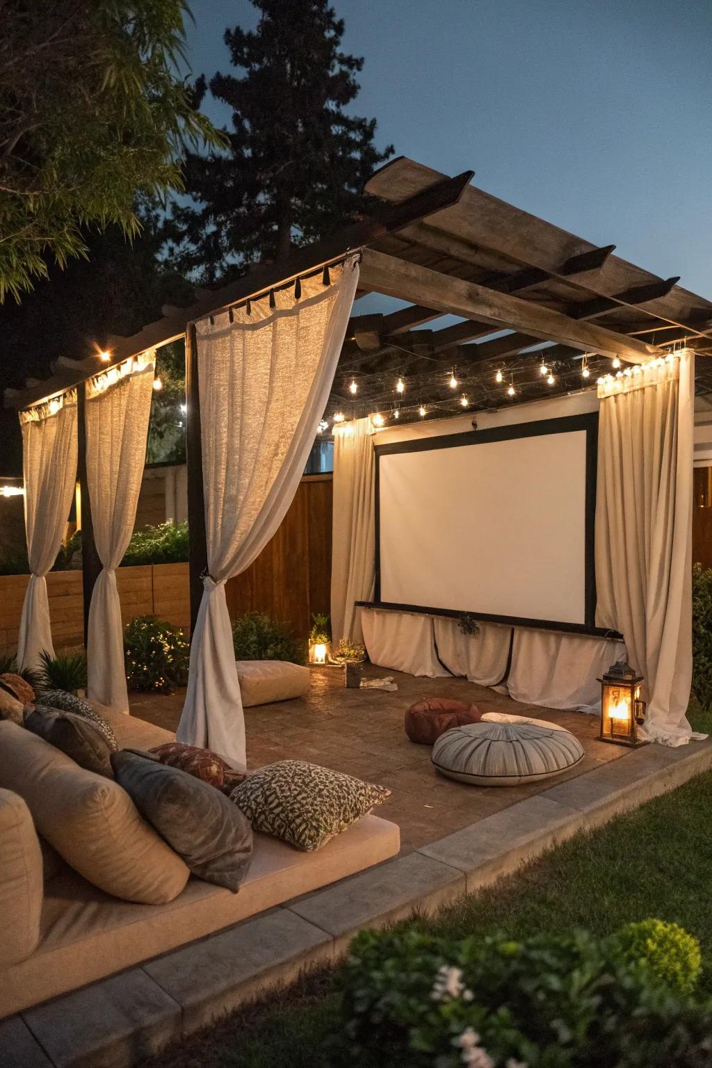 A pergola can be a charming and intimate movie theater setting.