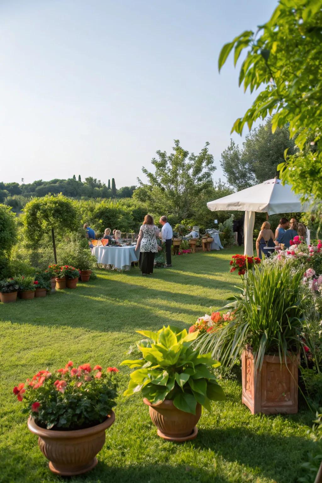 Lush greenery provides a vibrant, natural backdrop for any party.