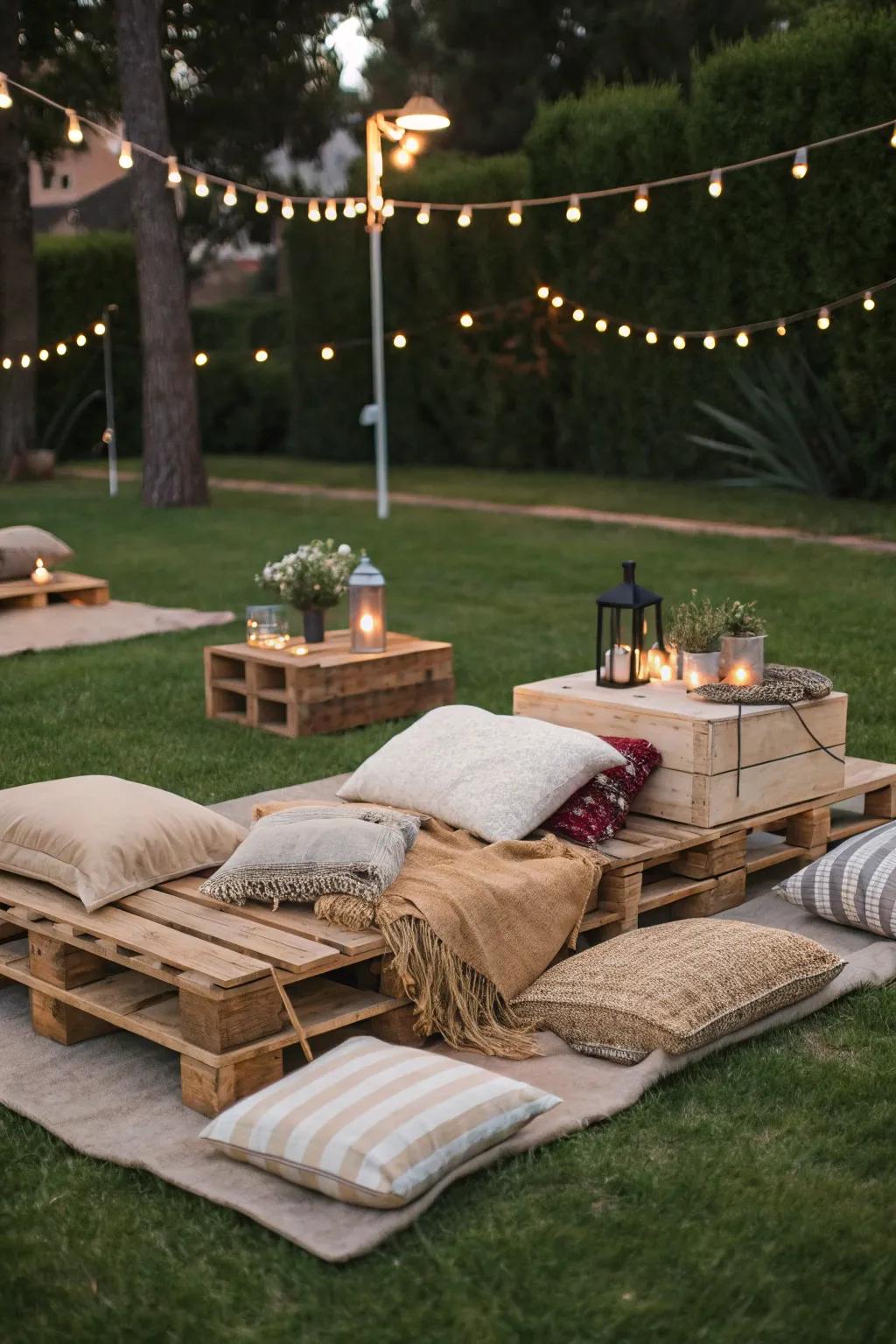 Casual seating with cushions and pallets for a relaxed vibe.