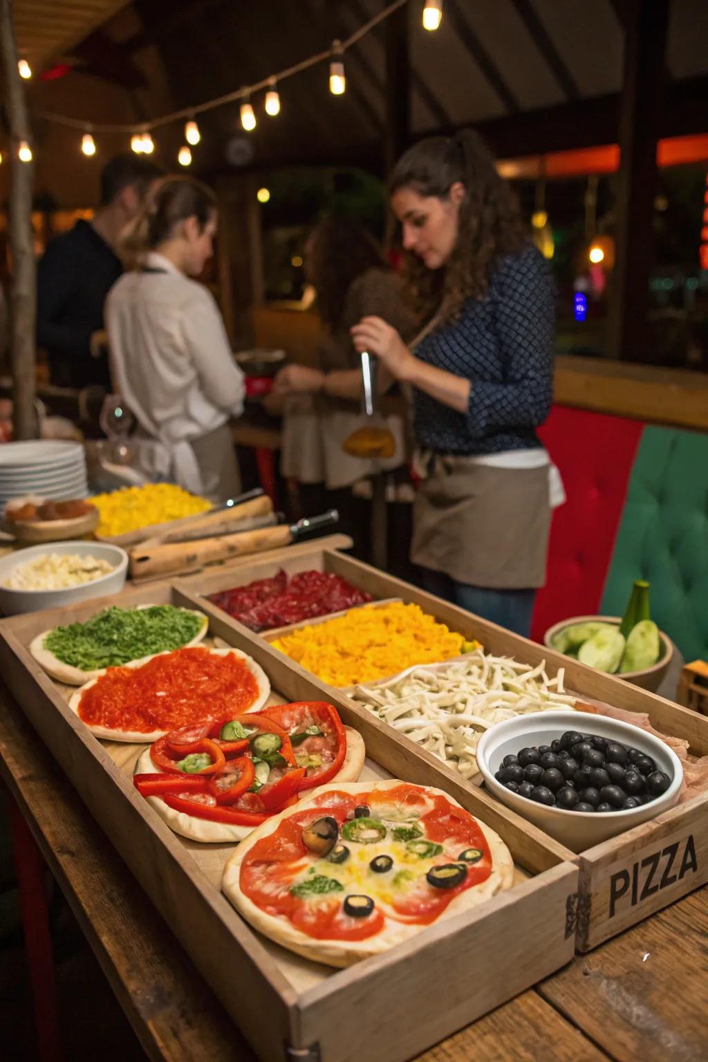 A DIY pizza station offers a fun, interactive dining experience.