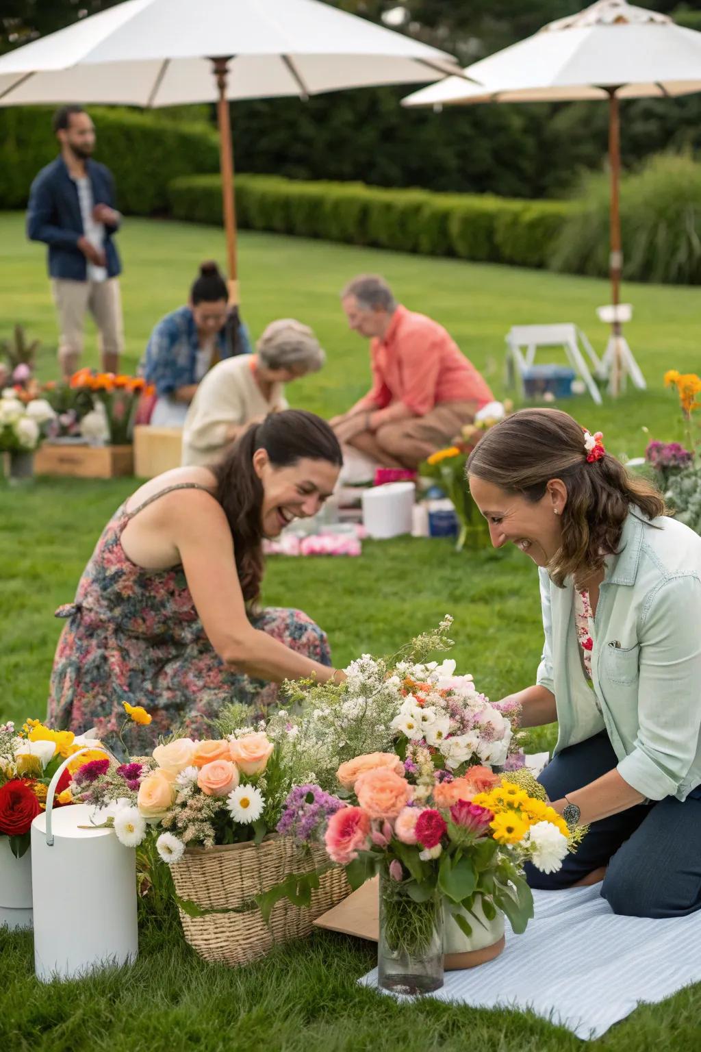 Interactive flower arranging lets creativity bloom for guests.
