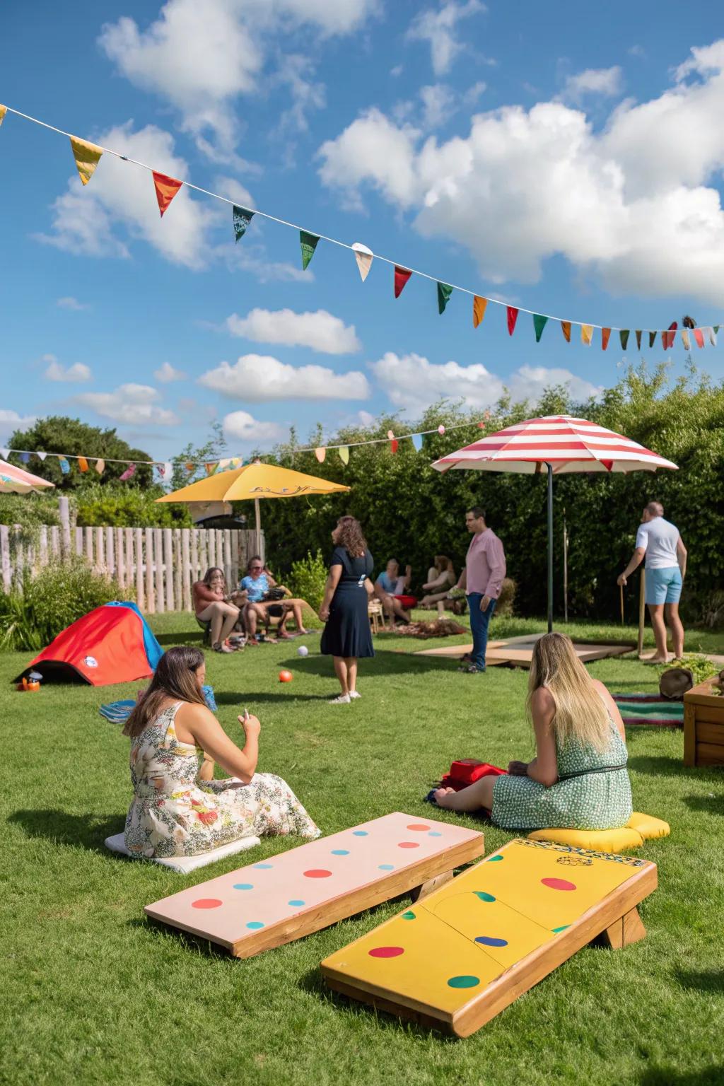Lawn games like cornhole add friendly competition and fun.