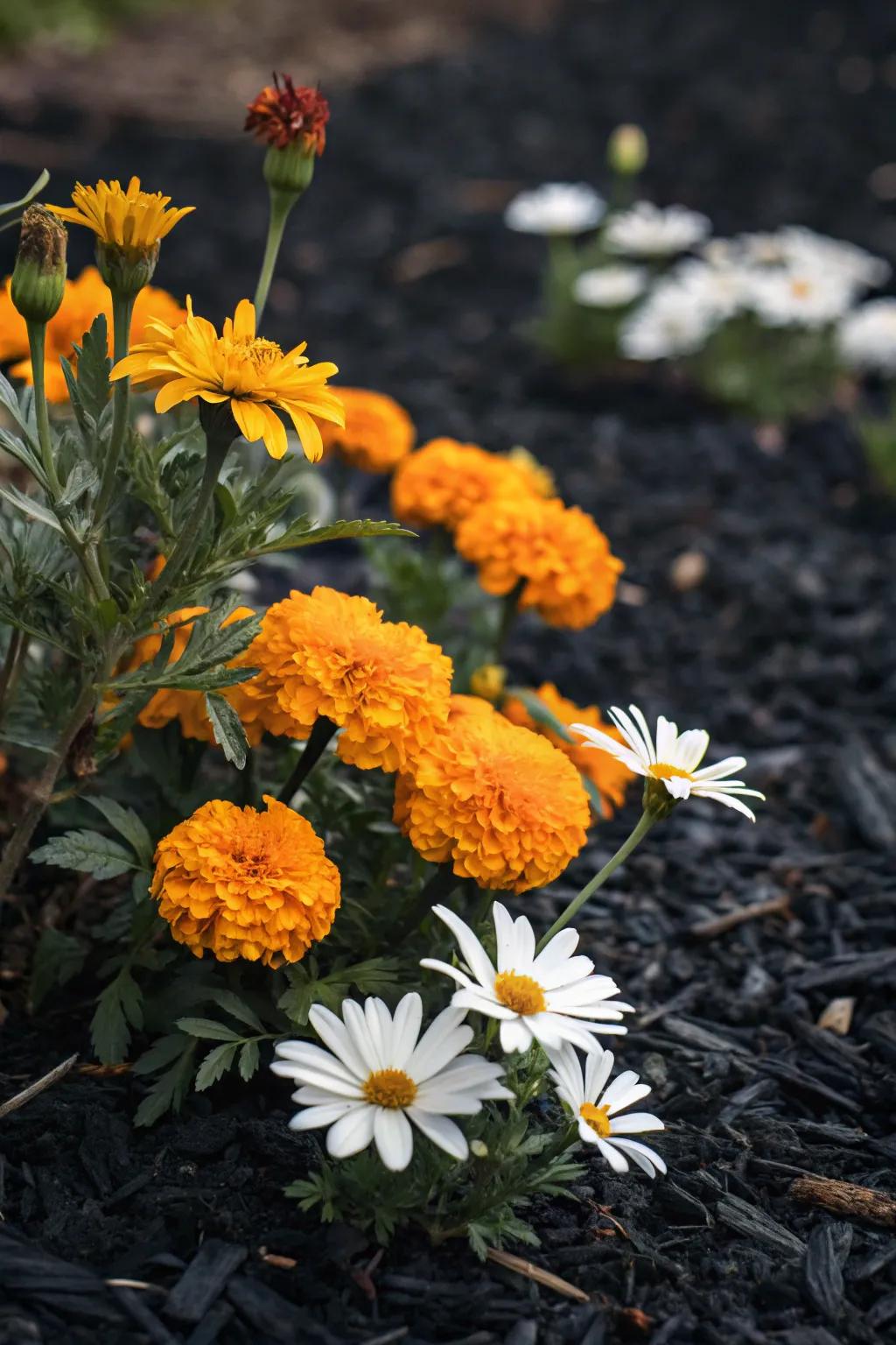 Vibrant flowers contrast beautifully with black mulch.