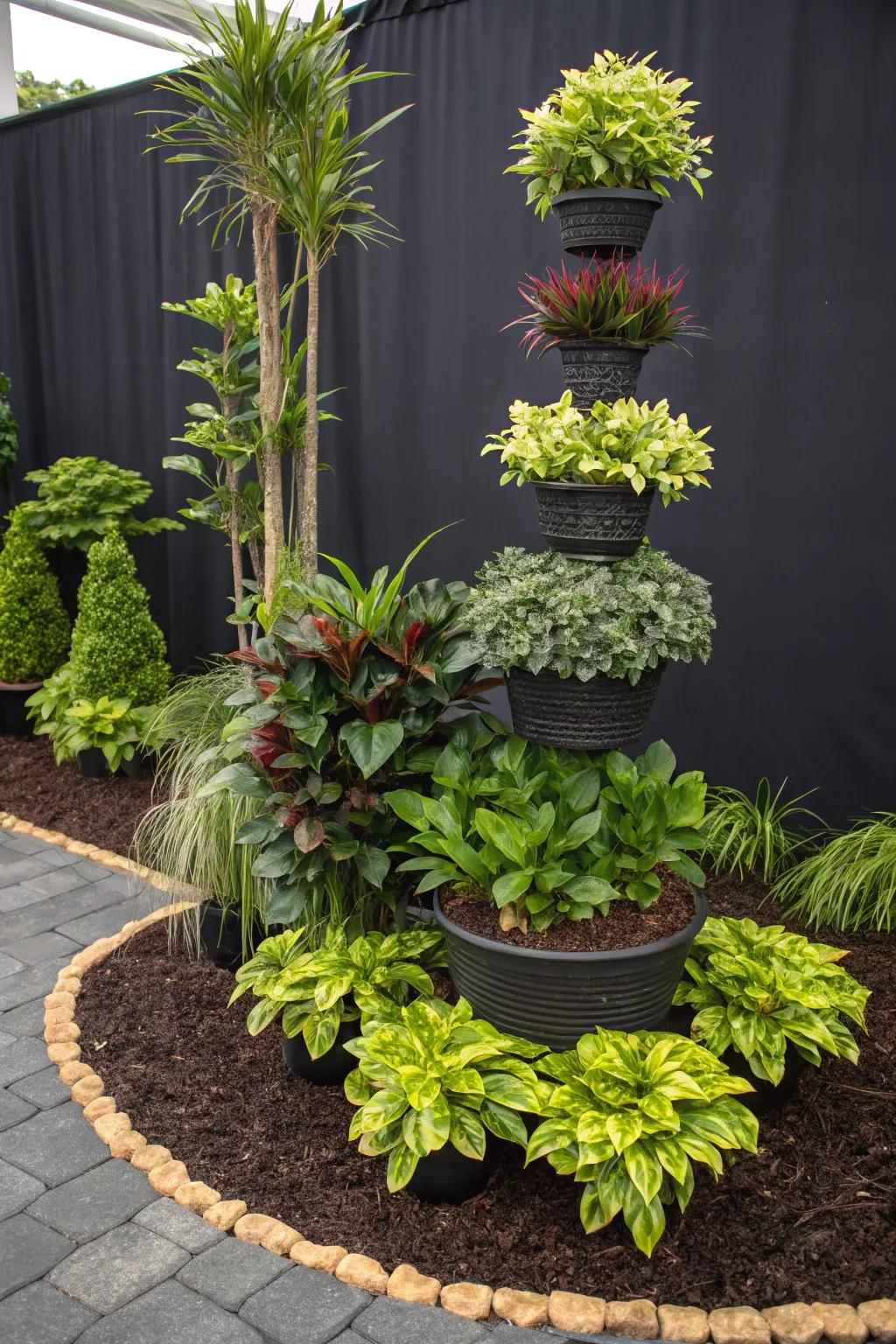 Create depth with layered plantings and black mulch.
