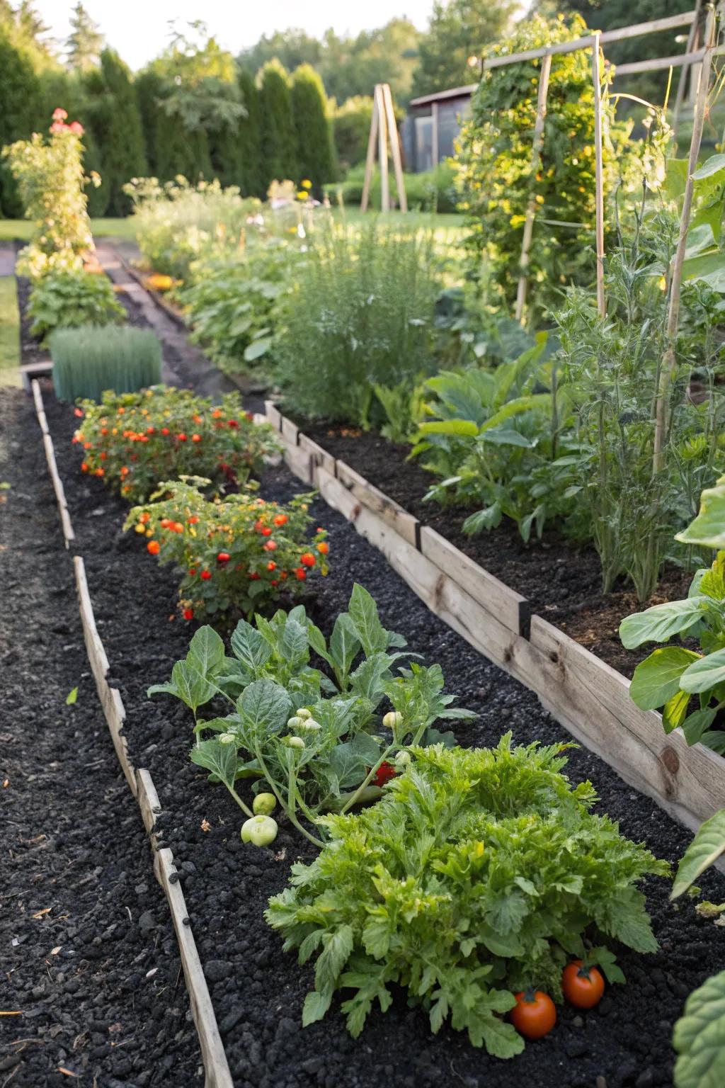 Productive and beautiful edible gardens with black mulch.