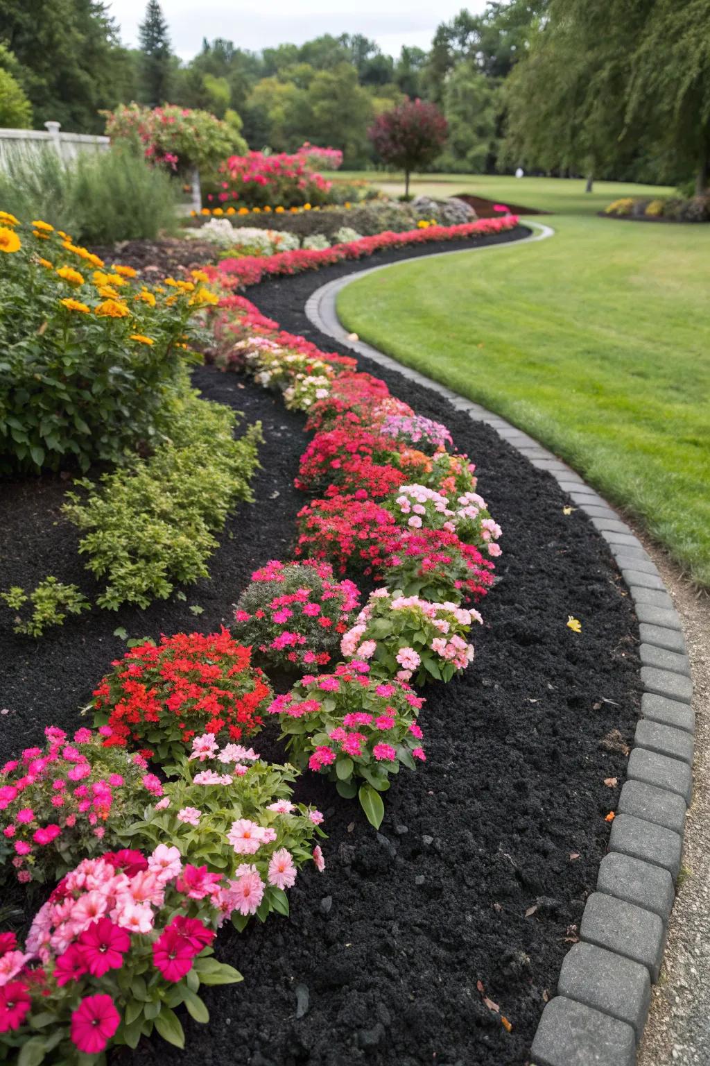 Neat garden borders with black mulch.