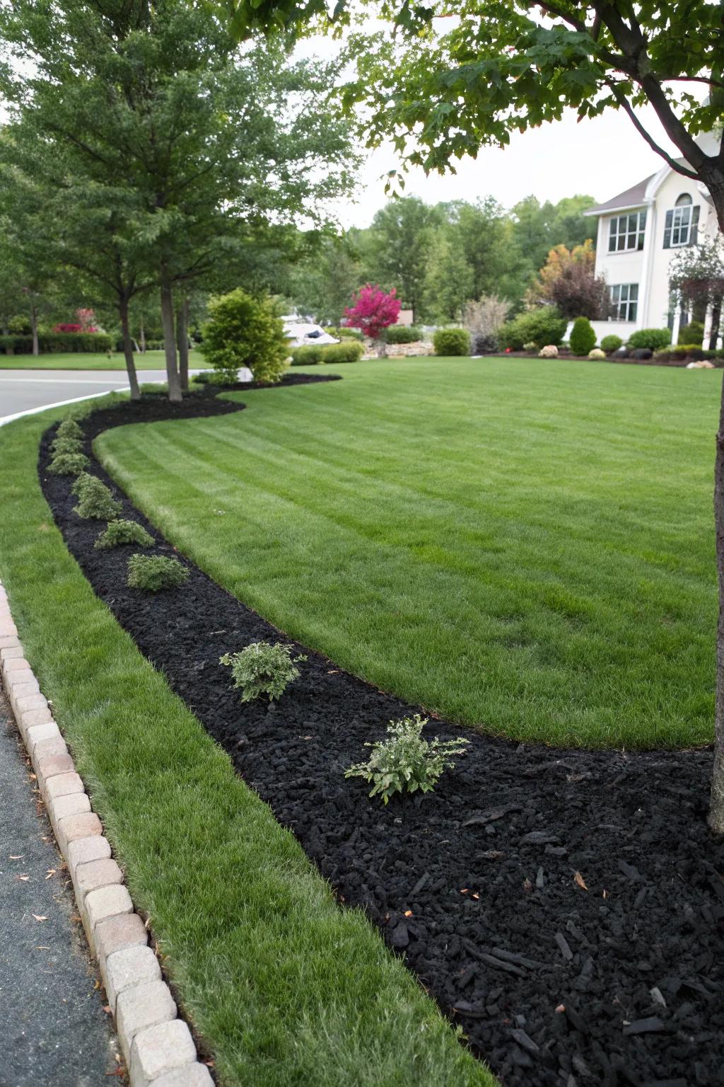 Crisp lawn edges with black mulch.