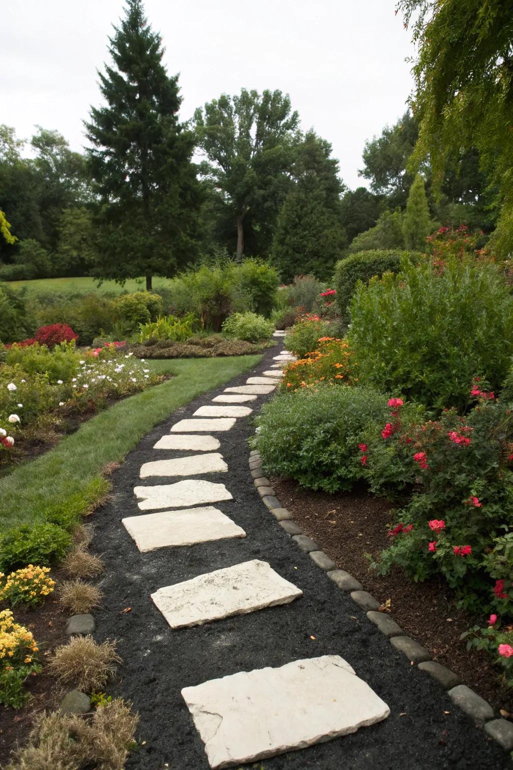 Elegant pathways defined by black mulch and stepping stones.