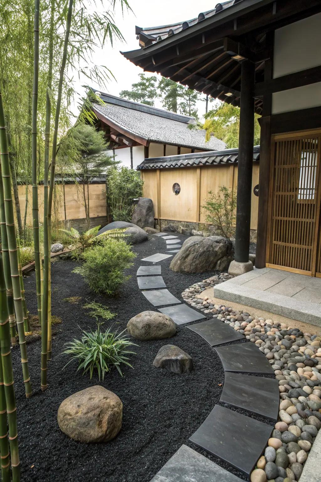 Zen garden theme with black mulch.