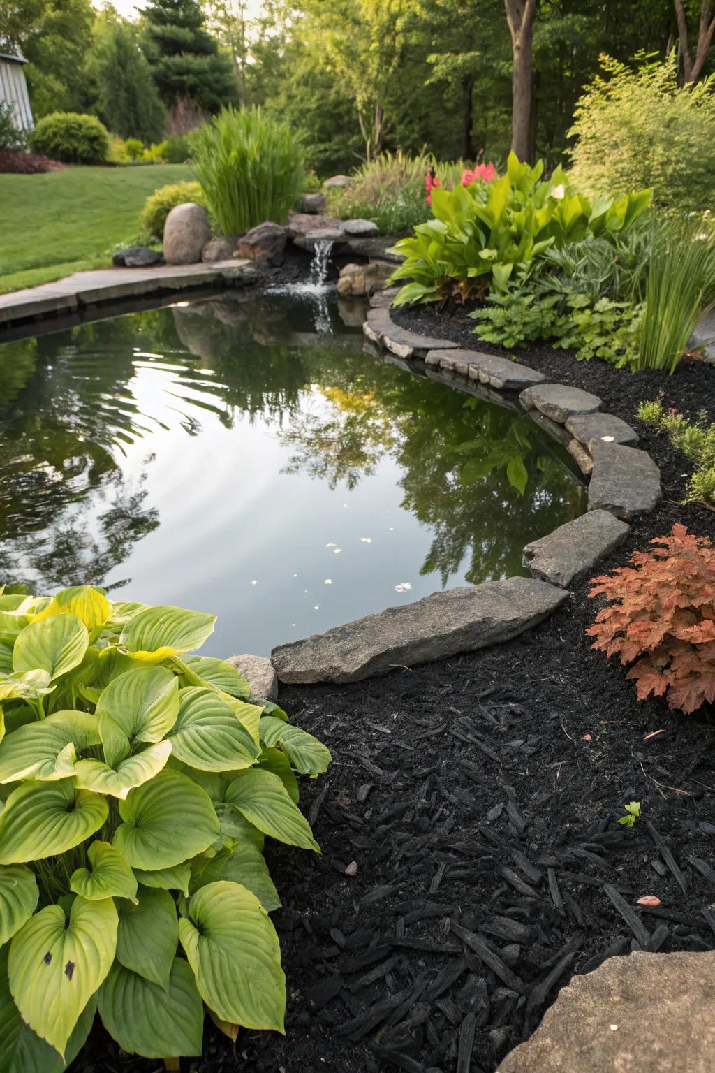 Serene water features surrounded by black mulch.