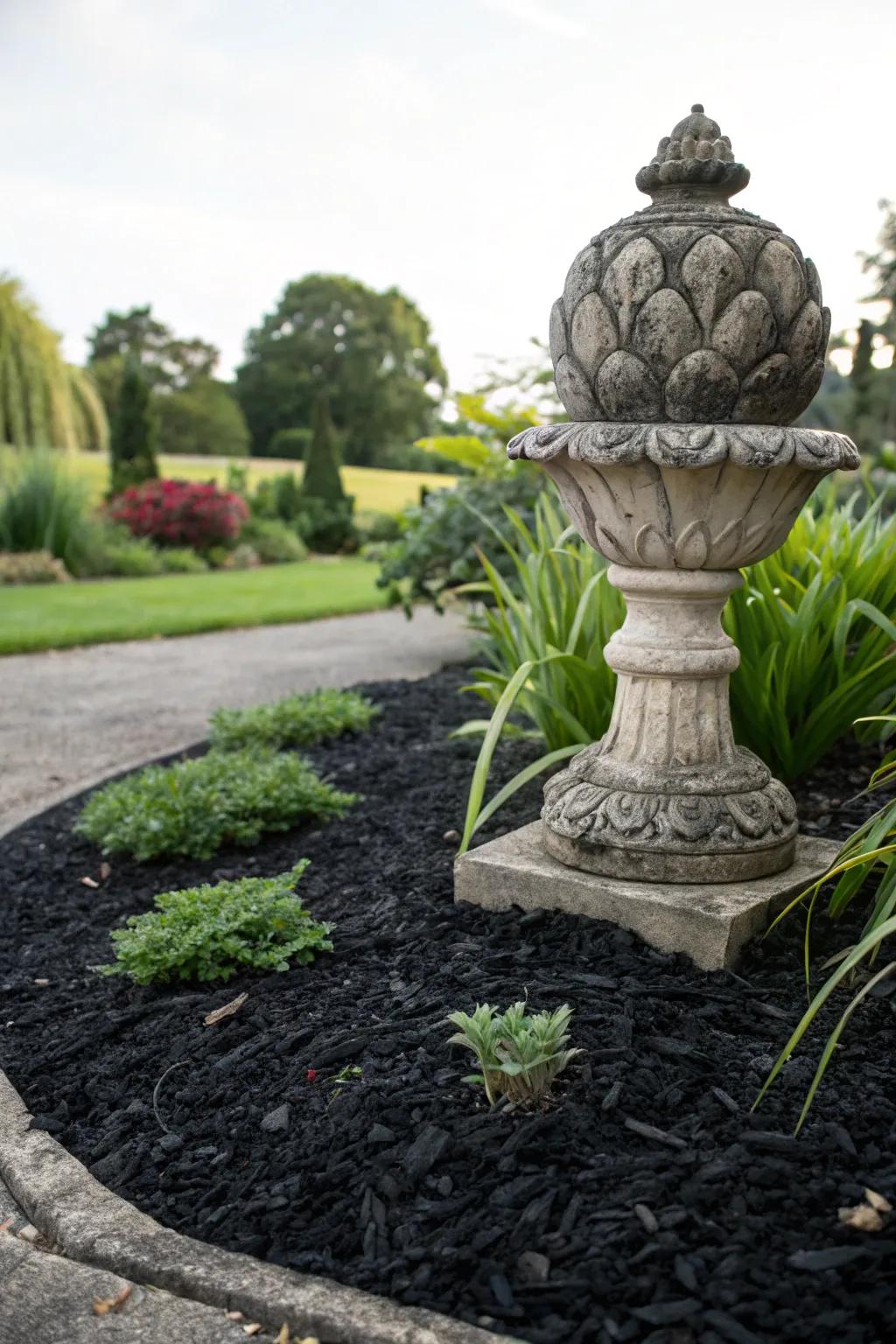 Highlight sculptures with black mulch.