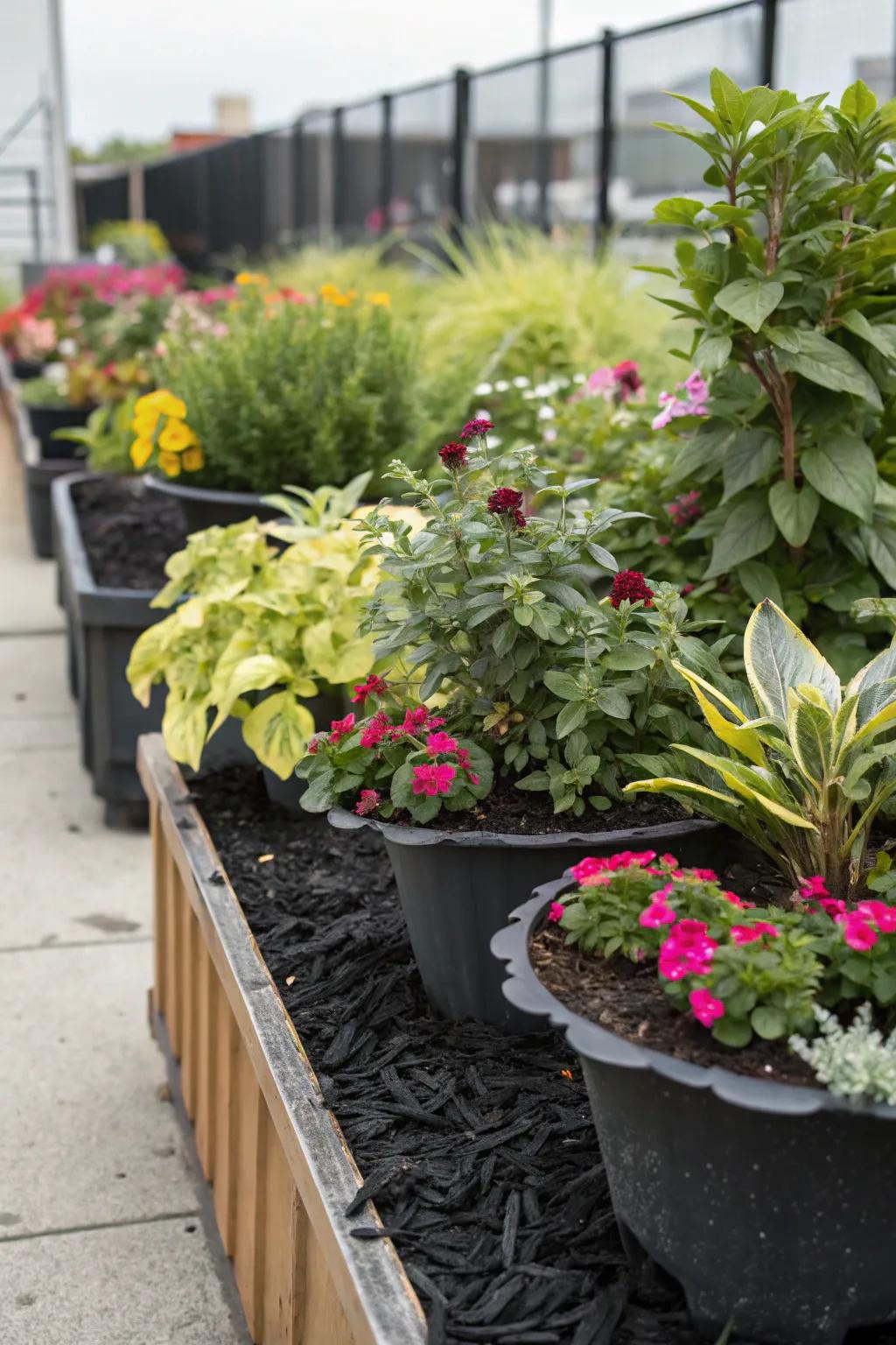 Polished container gardens with black mulch.