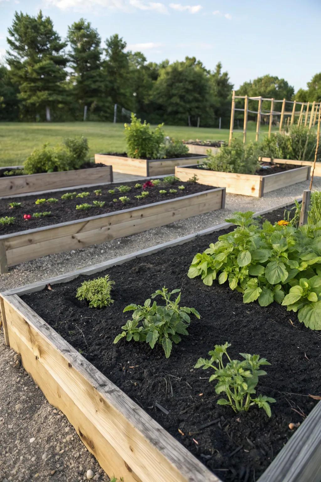 Thriving raised beds with black mulch.
