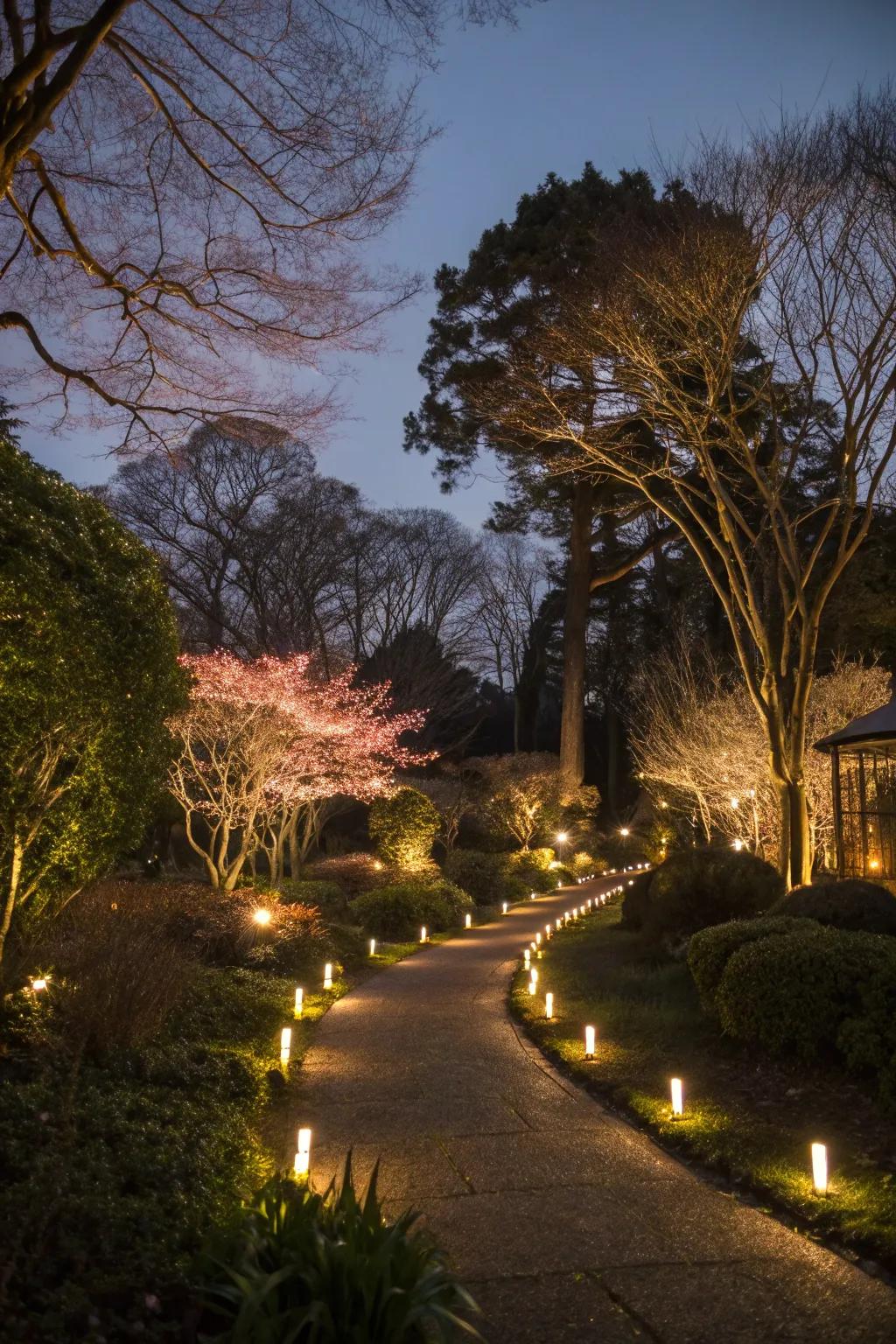 Outdoor lighting transforms gardens into enchanting nightscapes.