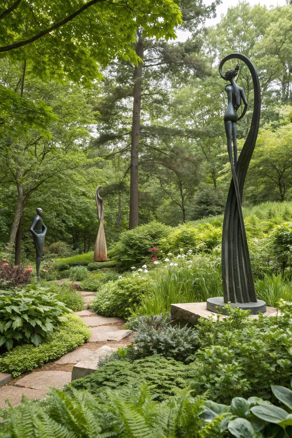 Artistic sculptures introduce personality and flair to garden landscapes.