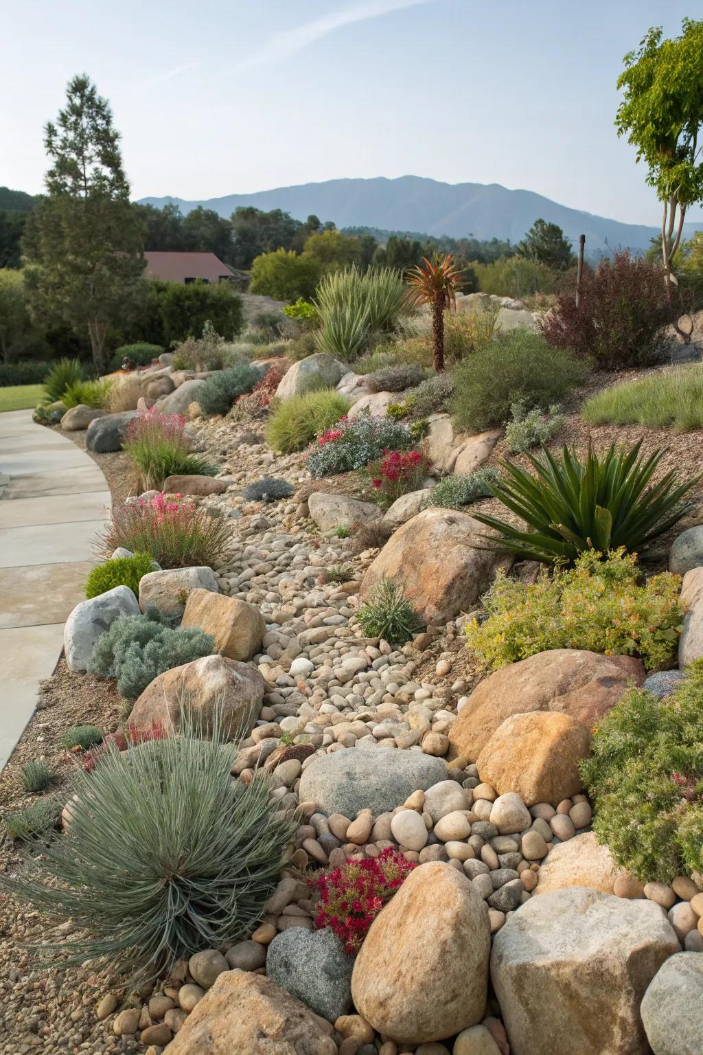 Rock gardens add texture and interest with minimal maintenance.
