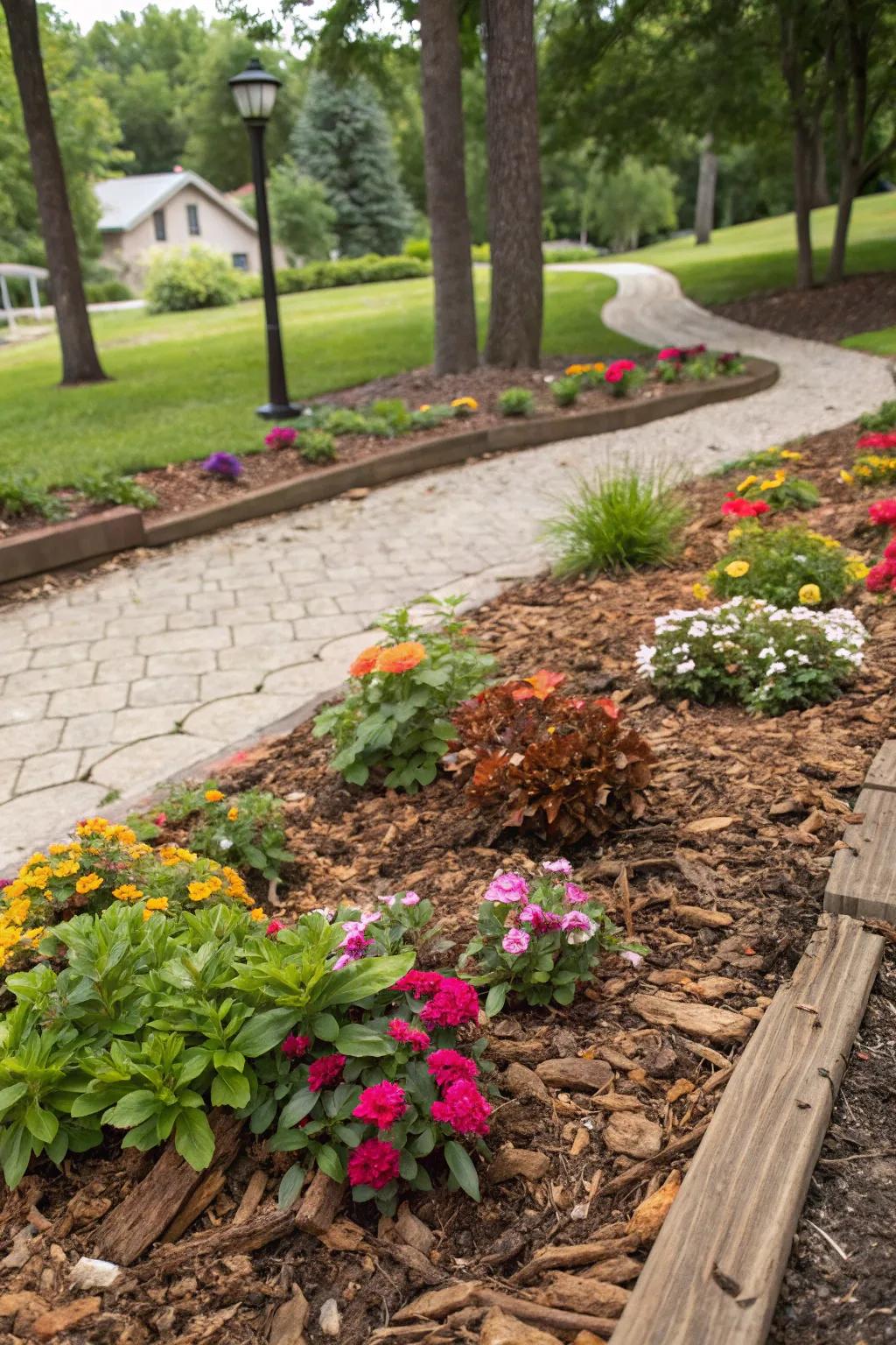 Mulch adds a pop of color and helps retain soil moisture for healthier plants.