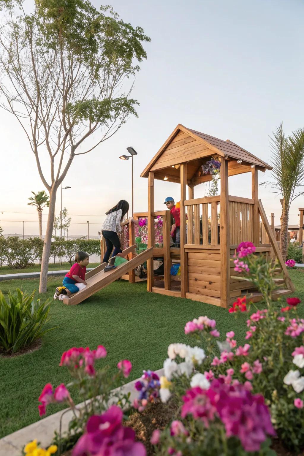 Children's play areas bring fun and whimsy to family-friendly gardens.
