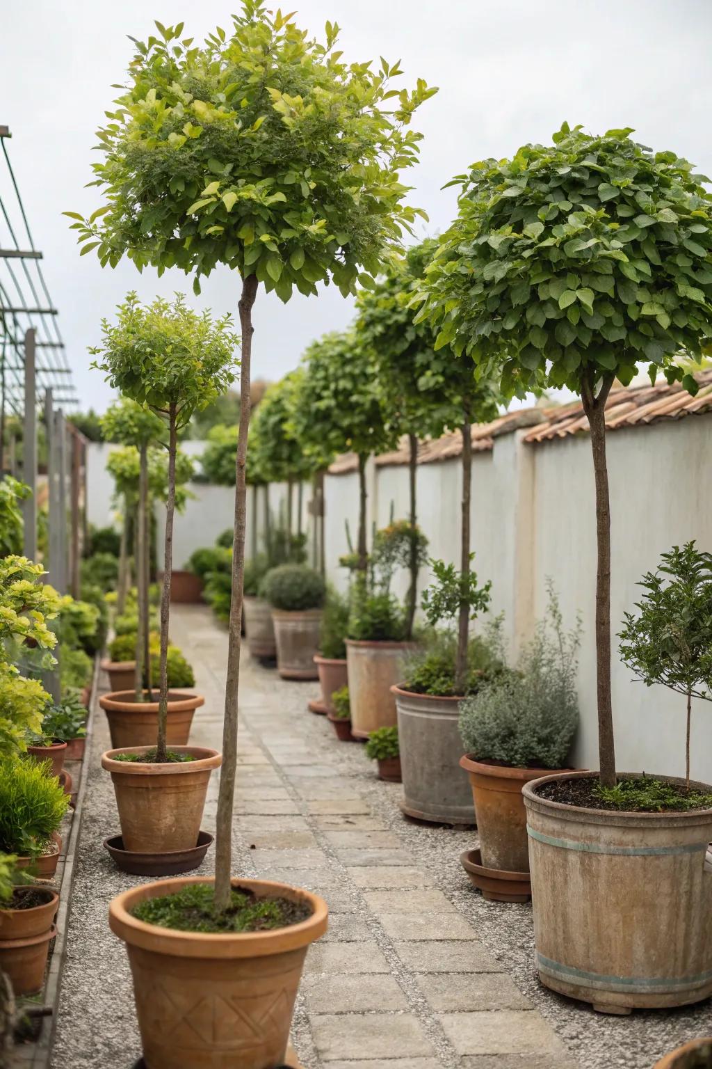 Potted trees provide height and are easy to move around.