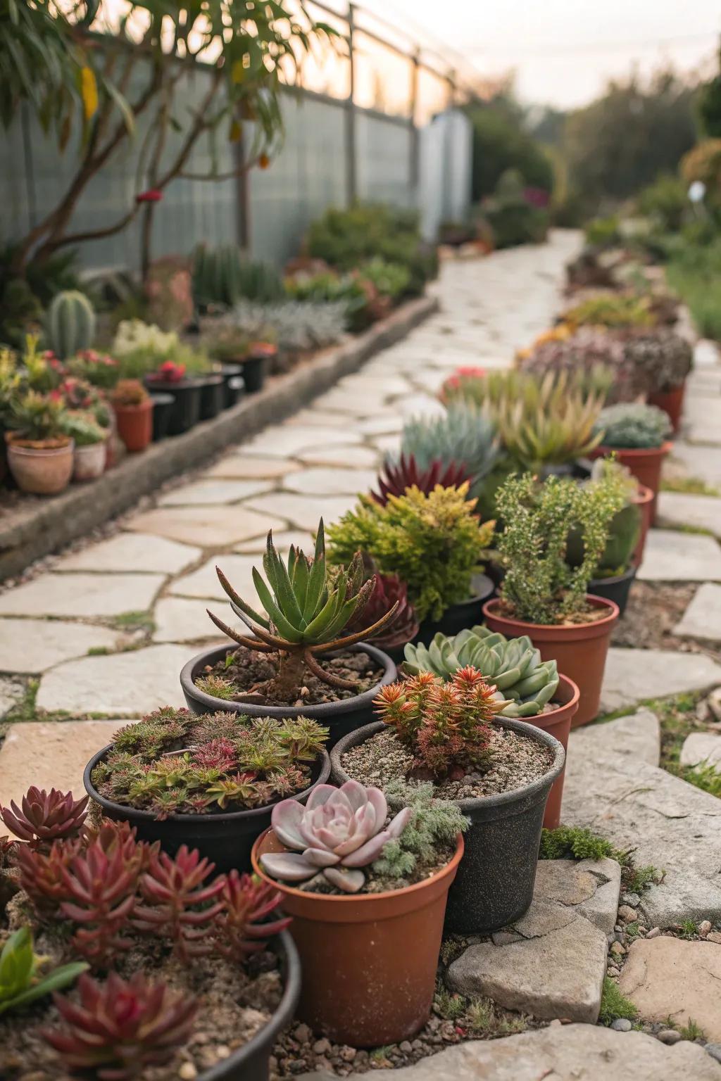 Succulents offer variety and require minimal watering.