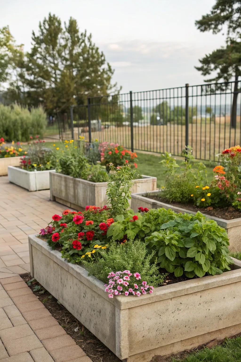 Raised planters simplify plant care and add visual interest.