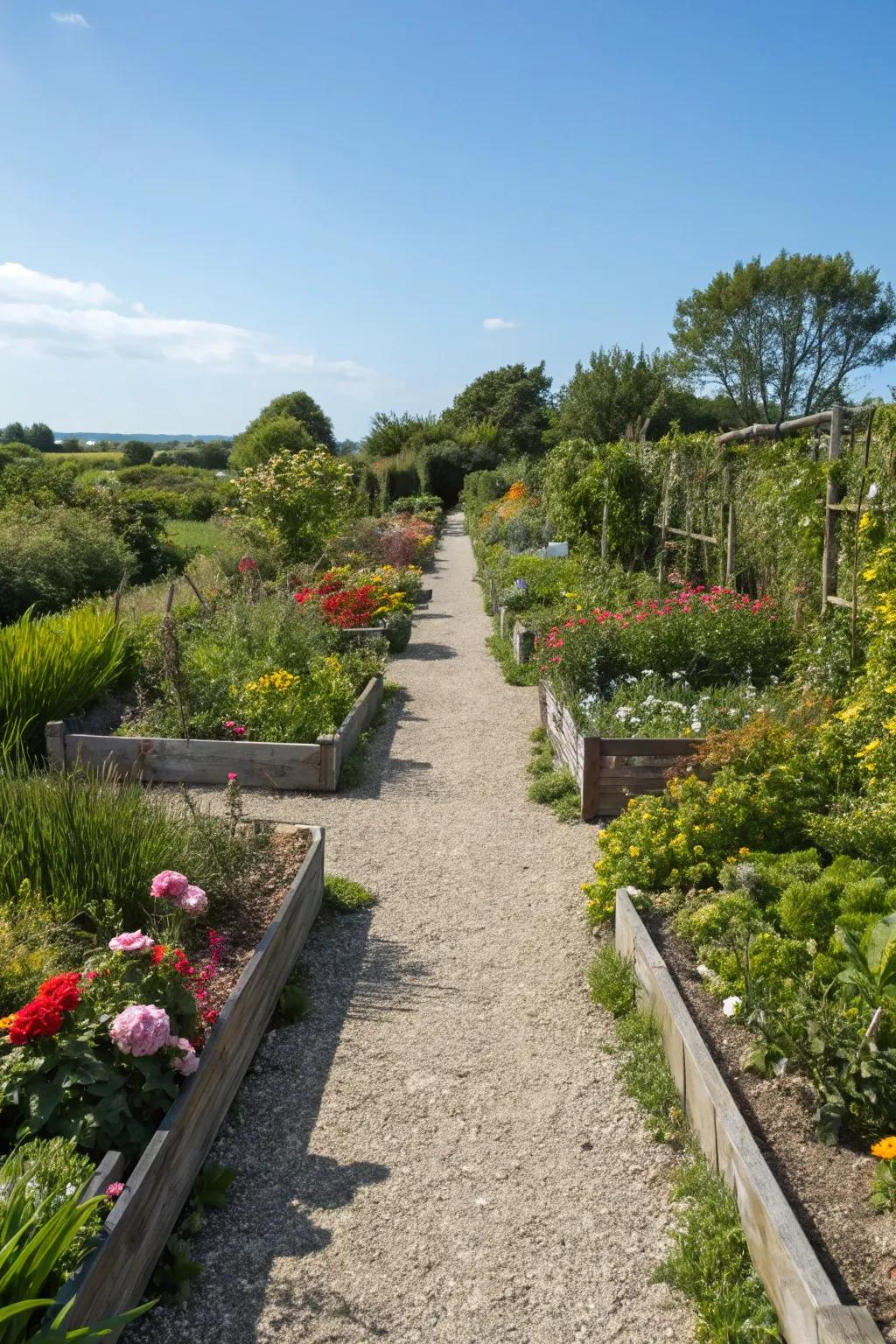 Gravel paths add a rustic charm and are low maintenance.