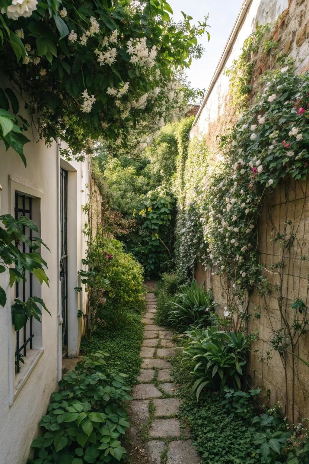 Climbing plants transform walls into lush green canvases.