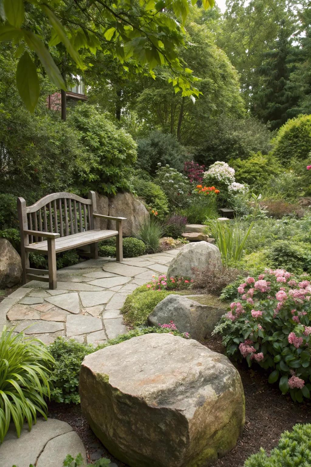 Natural stone elements create focal points and require no upkeep.