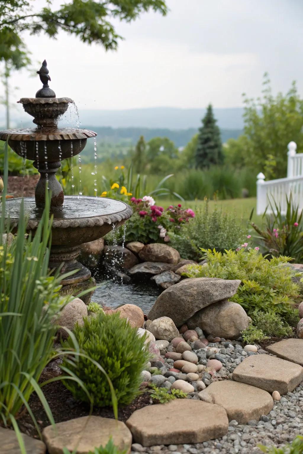 A water feature adds serenity and attracts wildlife.