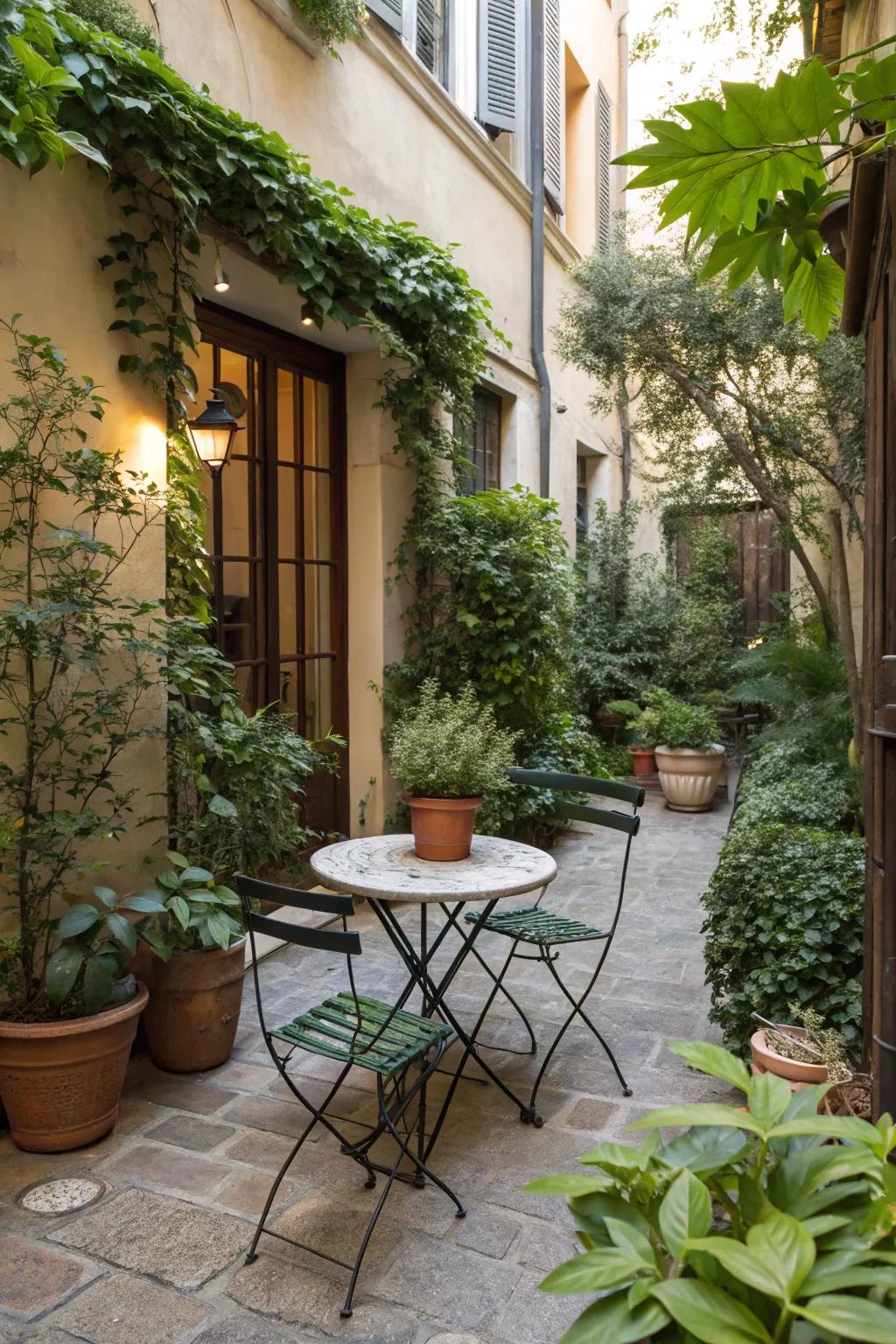 A cozy bistro set turns a side yard into a perfect morning retreat.