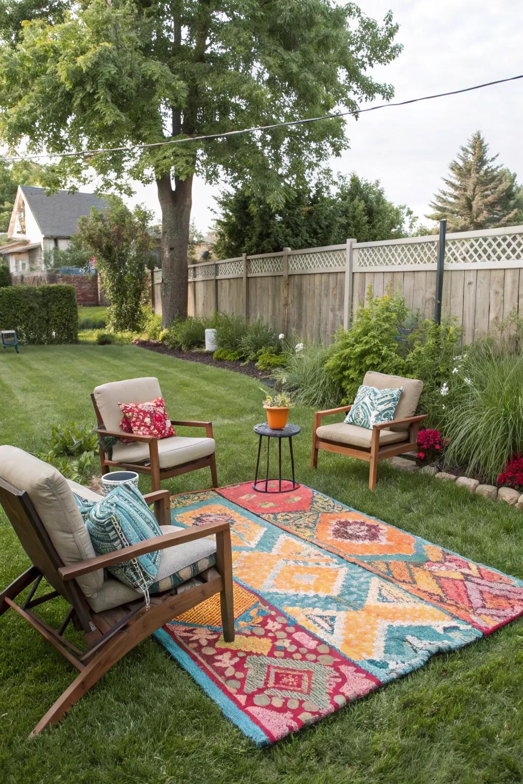 Outdoor rugs help define spaces and add warmth to your side yard.