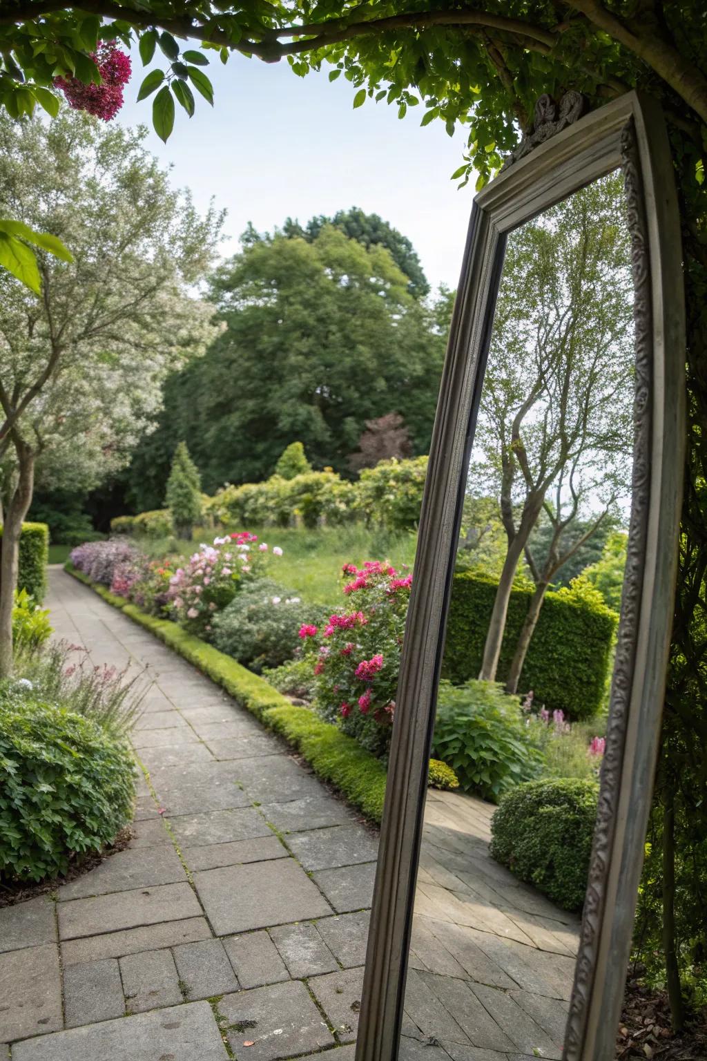 A mirror can create the illusion of more space and reflect garden beauty.