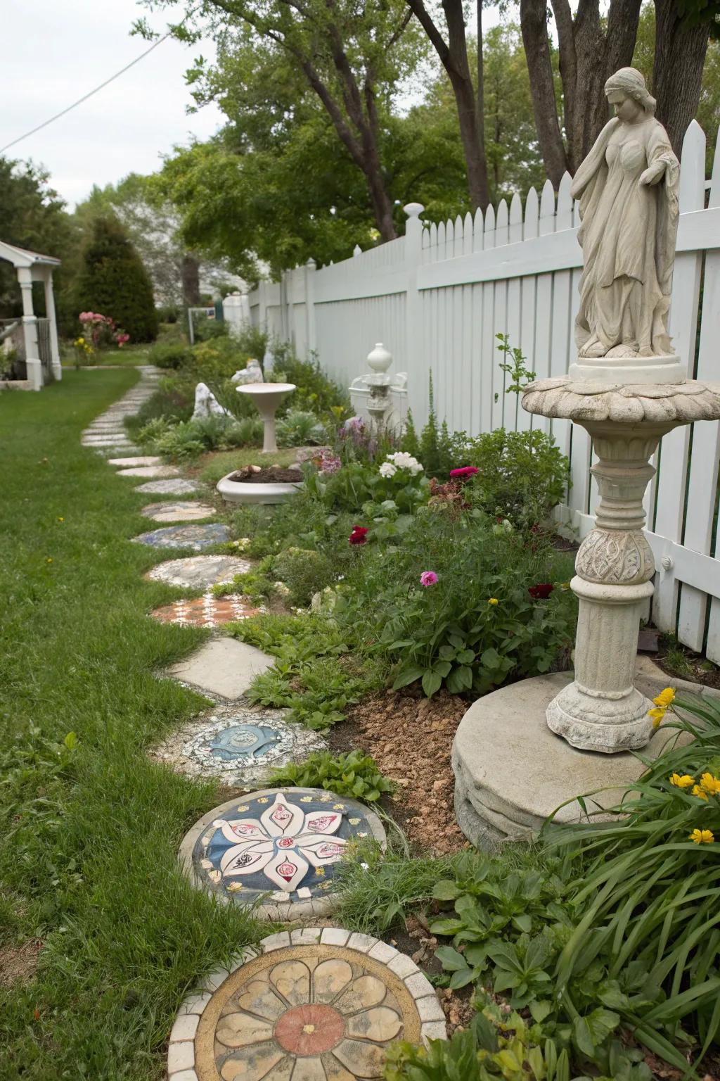 Artistic elements add a personal touch to the side yard.