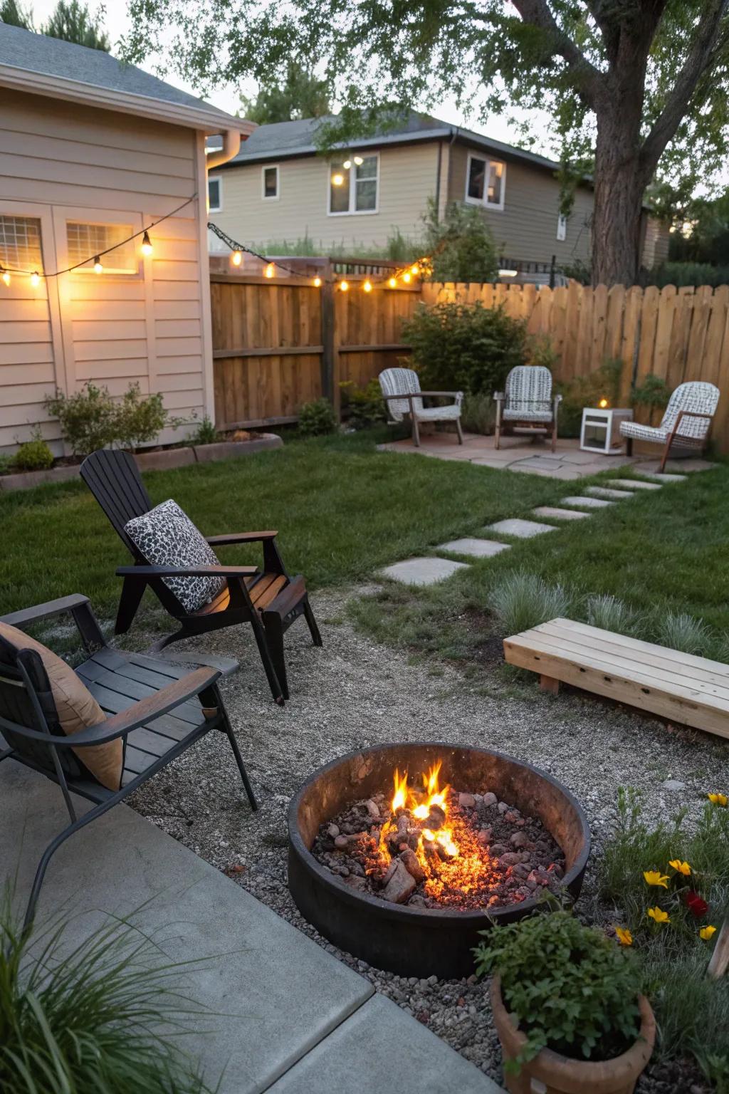 A fire pit creates a warm and inviting space for evening gatherings.