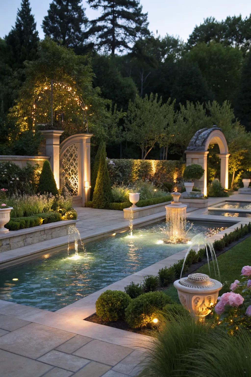 Artistic lighting transforms your pool area into an enchanting nightscape.