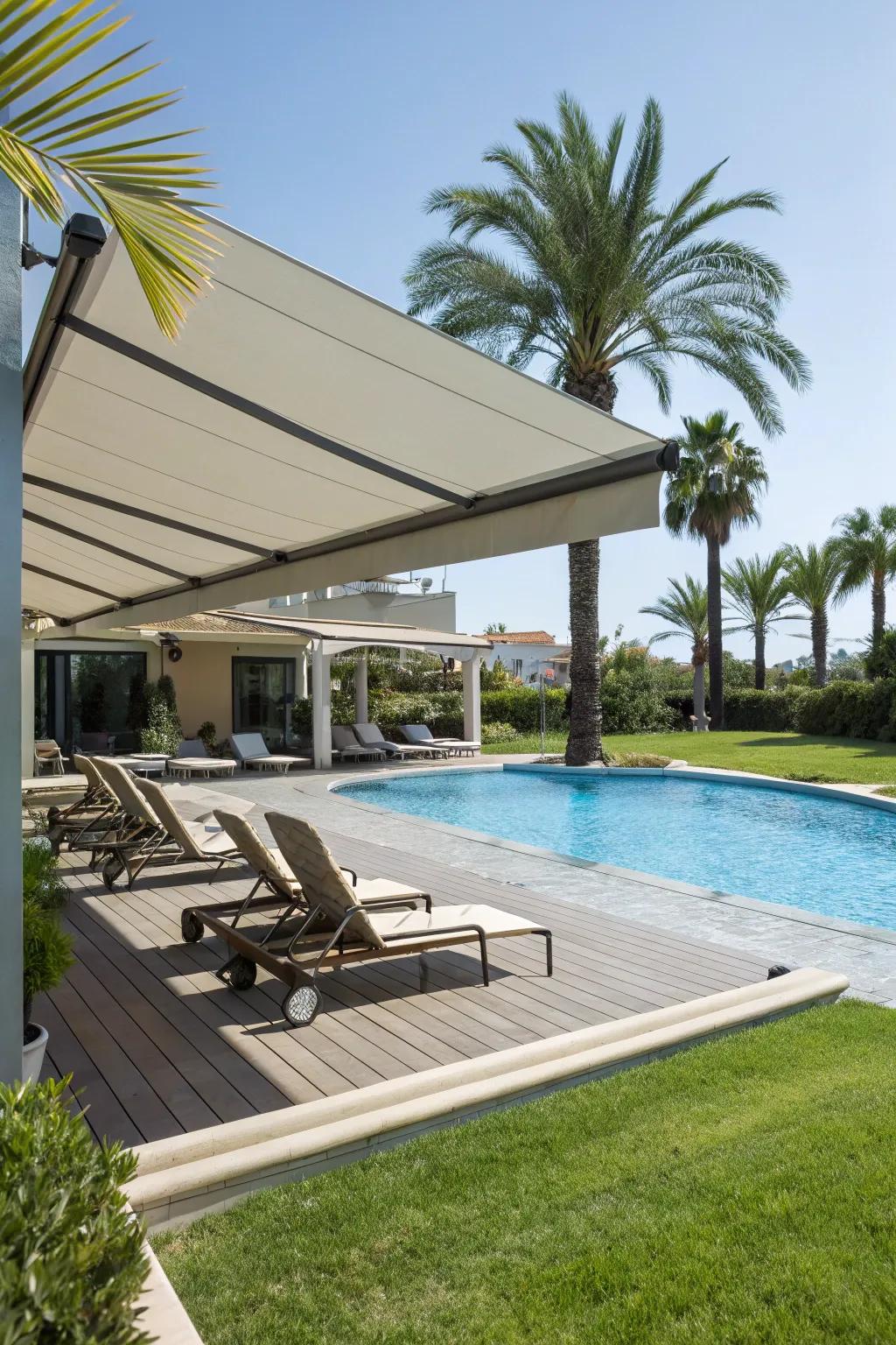 A retractable awning offers flexible shade solutions.