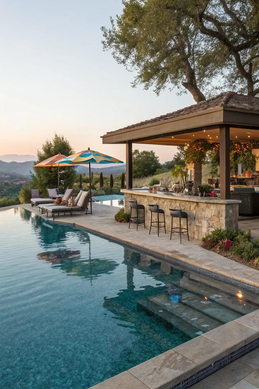 A swim-up bar adds a splash of fun and convenience.