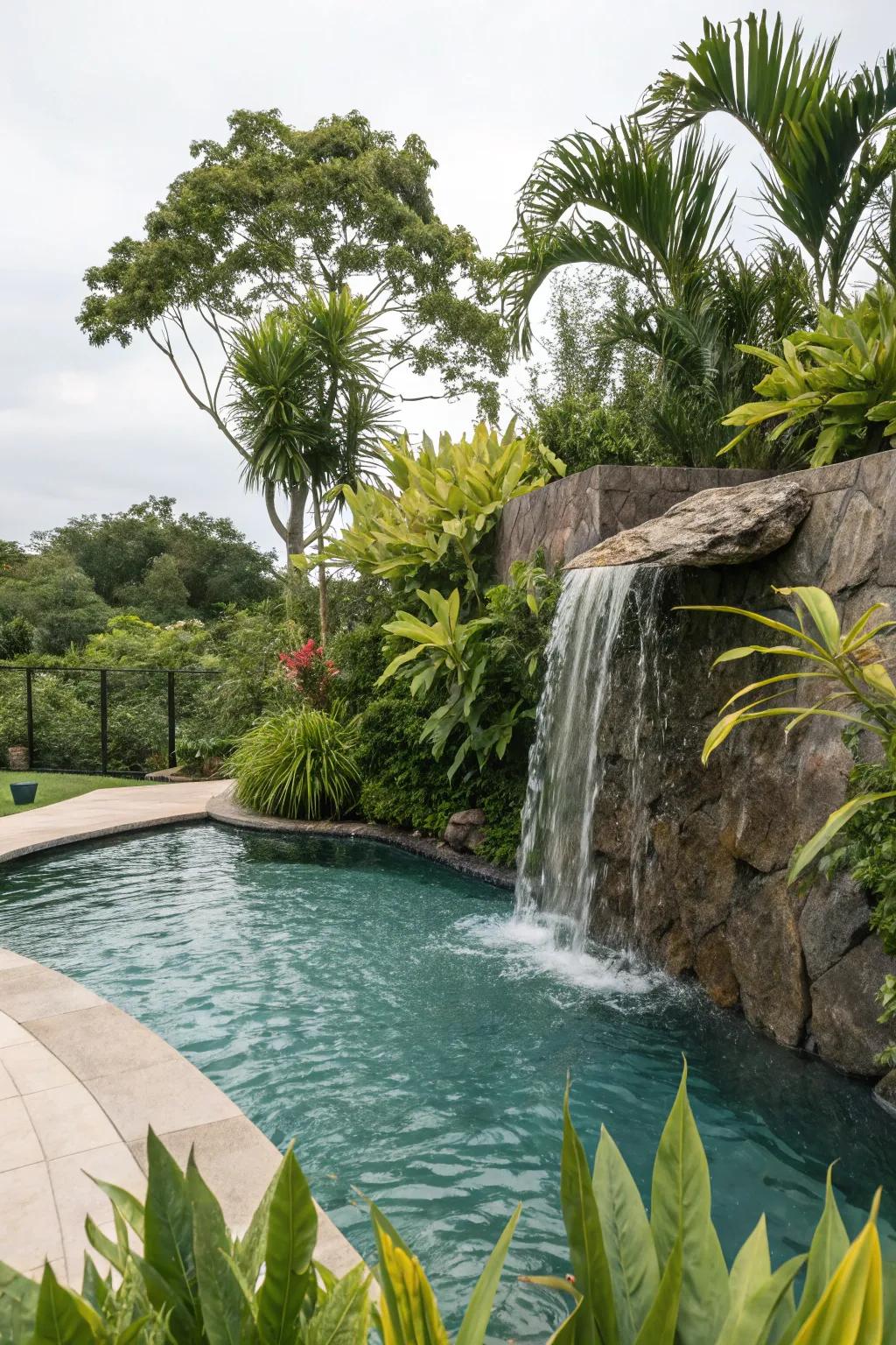 A waterfall adds elegance and tranquility to your poolside.