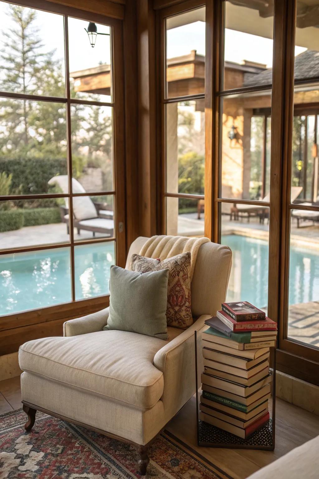A reading nook offers a peaceful escape in your backyard retreat.