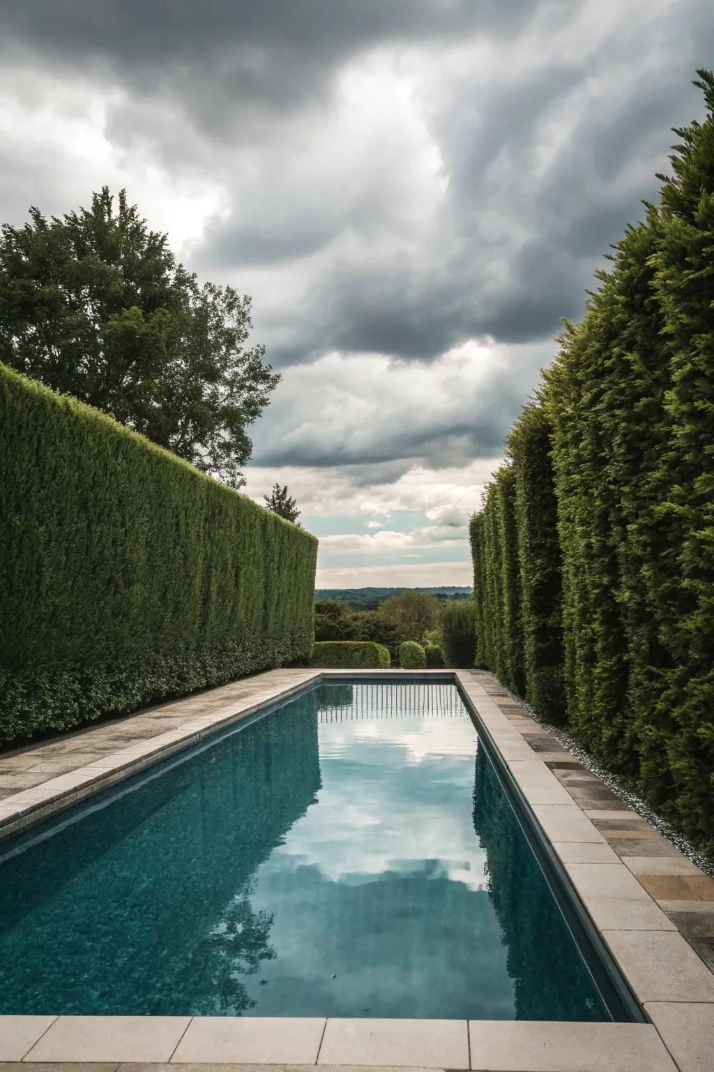 Hedges offer seclusion and a lush backdrop for relaxation.